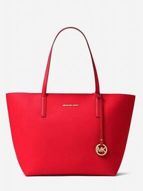 Michael Kors Crimson Red Orange Leather Tote Bag Large Gold Logo Shoulder Bag 💛